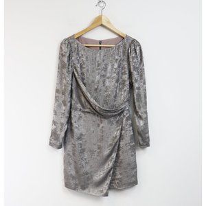 Revolve Metallic Faux Wrap Mini Dress Long Sleeve Silver Gray Boat Neck Small